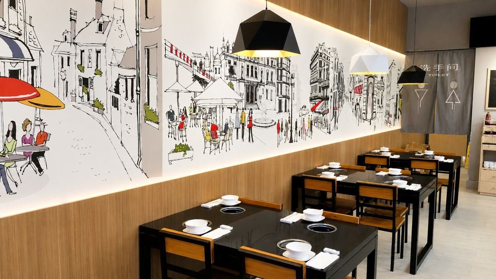 Dining room with custom mural