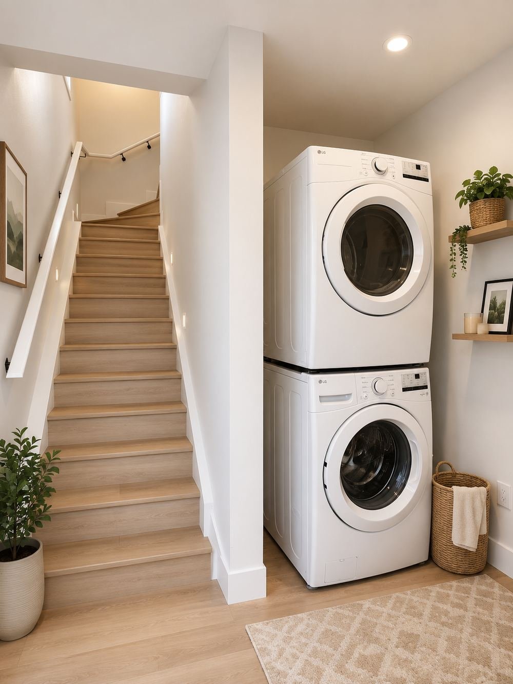 Stacked laundry and staircase